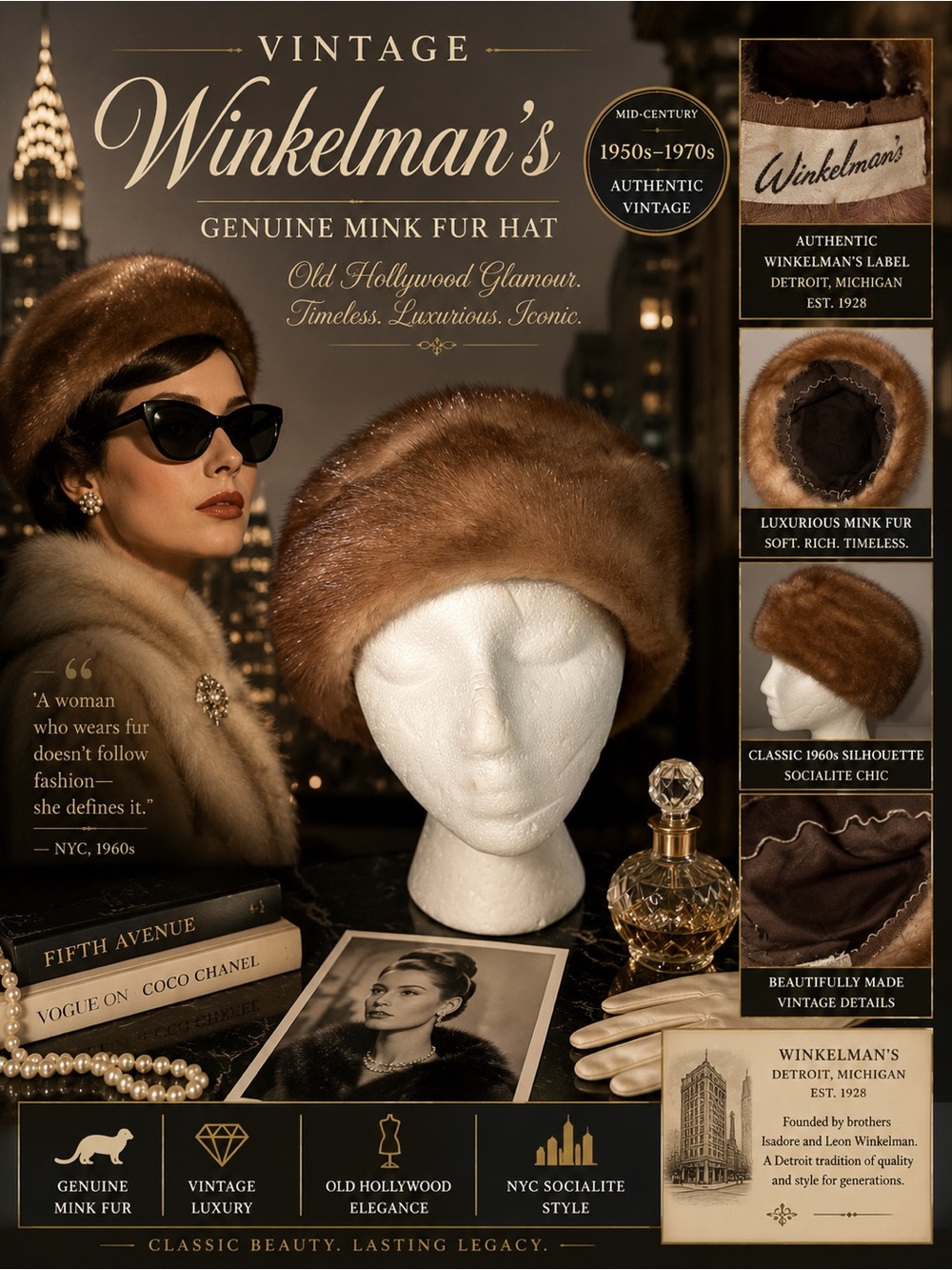 Vintage Winkelman’s Genuine Mink Fur Hat Brown Mid Century Glam